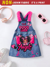 Streecool Kids Cute Y2K Inspired Young Girls Portrait Print Bow Decor Denim Effect Suspender Dress For Young Girls